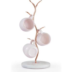Mug Holder, Countertop Mug Tree, Coffee Mugs & Tea Cup Storage Rack, Coffee Counter Bar Accessory & Kitchen Organizer (Light rose gold and vintage white)