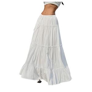SOLY HUX Women's Maxi Skirt Drawstring Elastic Waist Ruffle Hem Long Flowy Skirts Pure White Small