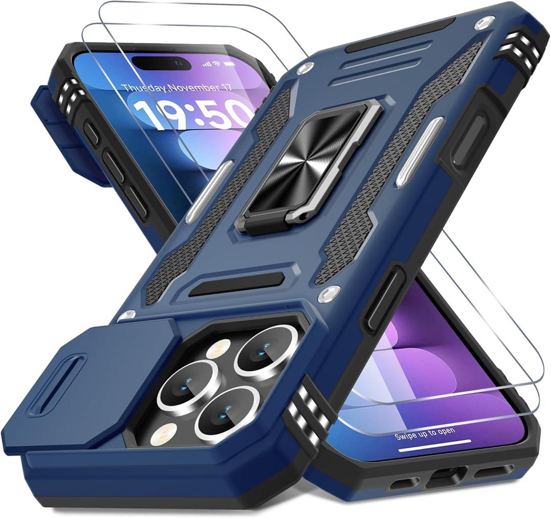 DEERLAMN Case for iPhone 16 Pro with Slide Camera Cover+Screen Protector(2 Packs), Rotated Ring Kickstand Military Grade Shockproof Protective Cover-Navy Blue