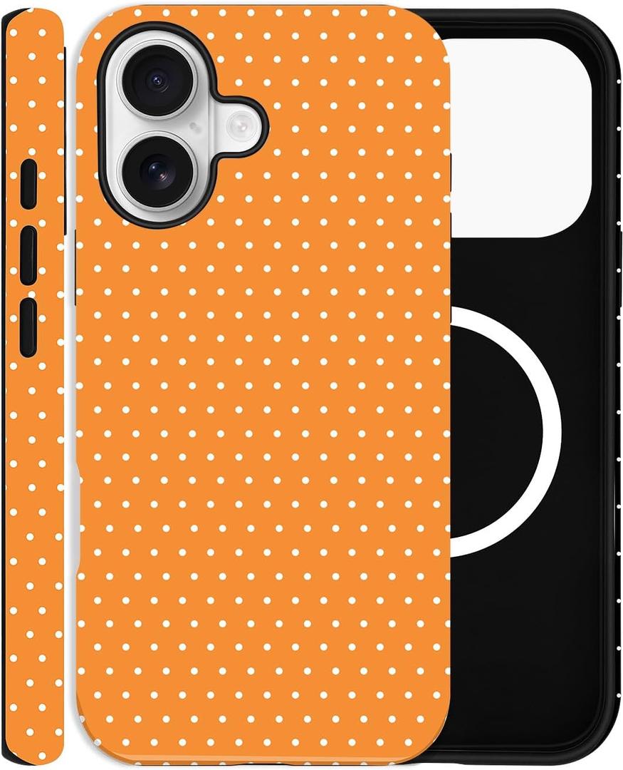 Magnetic Case for iPhone 16, Compatible with MagSafe, Aesthetic Polka Dot Cute Design for Women, Hybrid 2-Layer Hard Shell Phone Cover, Orange