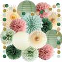 Sage Green and Dusty Pink Party Decorations Green & Pink Party Decor Sage Tissue Pom Poms Paper Lanterns Beige Paper Fans for Women Girls Birthday Wedding Bridal Shower Baby Shower Party Decor