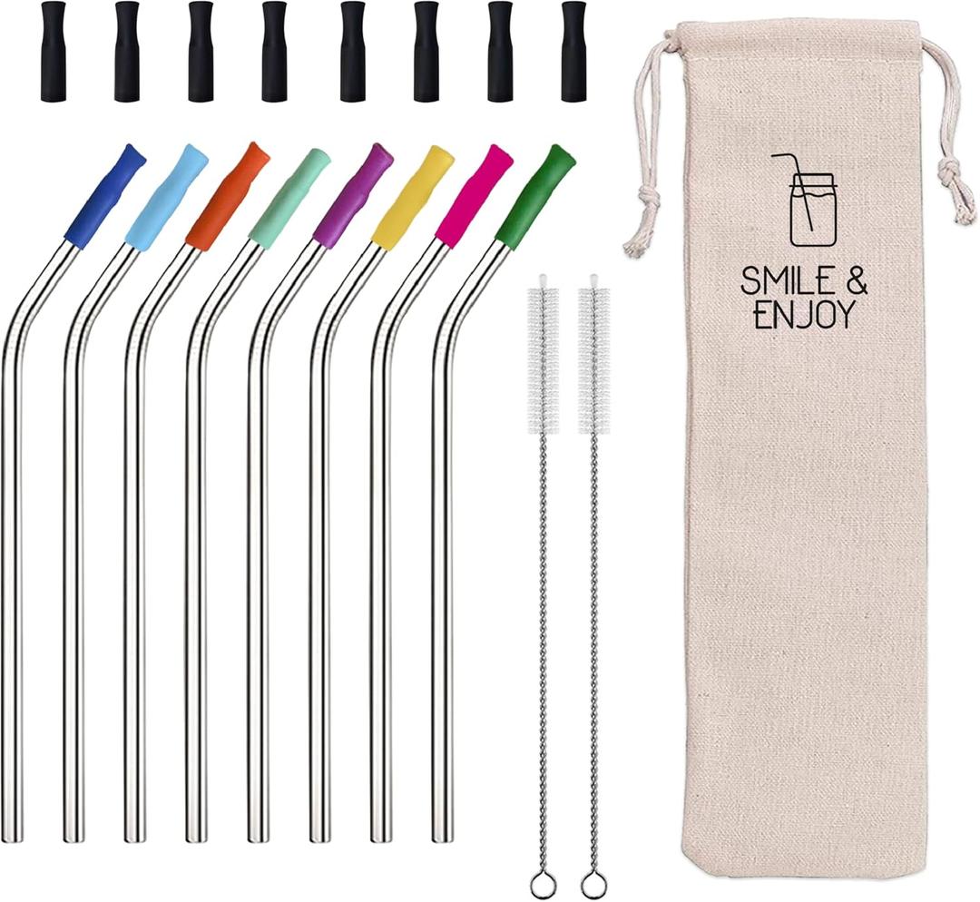 3 x 8-Pack Reusable Stainless Steel Straws with Colored & Black Silicone Tips, Straw Cleaner Brush and Polyester Travel Bag, Reusable Drinking Straws for Tumblers & Mason Jars