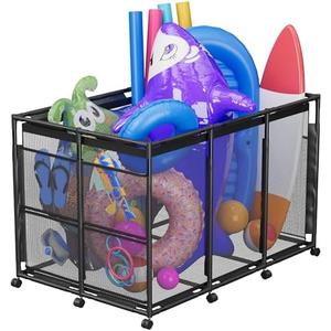 POOLHOUR Pool Float Storage – Outdoor Pool Toy Storage Organizer for Pool Noodles, Toys, Floats, Balls,Equipment, Mesh Rolling Storage Organizer Bin, Black
