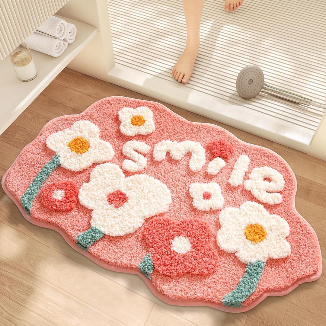 Flower Bath Mat, Cute Funny Pink Textured Floral Plant Bathroom Rug, Plush Soft, Highly Absorbent, Non-Slip, Machine Washable for Shower, Bathtub Side and Doormat, 17.71" x 27.56", Smile