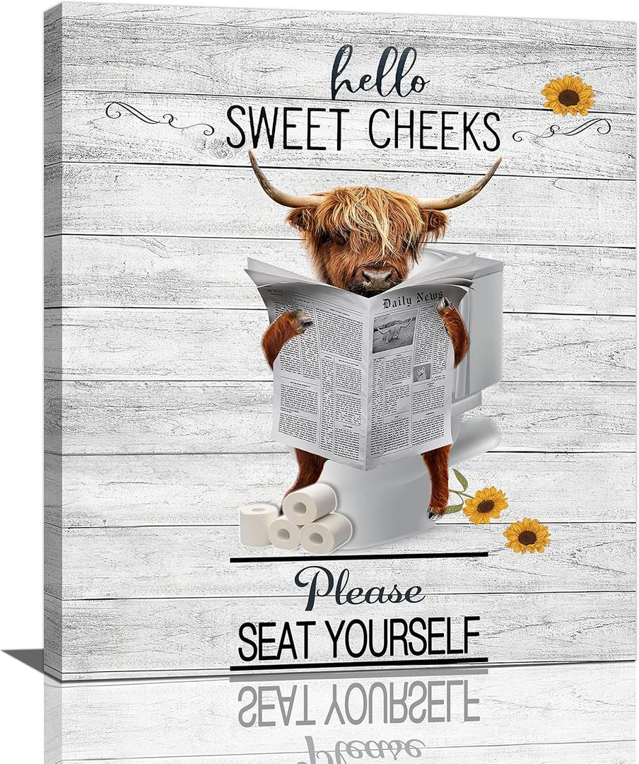 Funny Highland Cow Bathroom Wall Art Highland Cattle Bathroom Wall Decor Cow on Toilet Pictures for Wall Farmhouse Bathroom Sign Please Sit Yourself Canvas Painting Print Artwork Framed Toilet 20"x24"