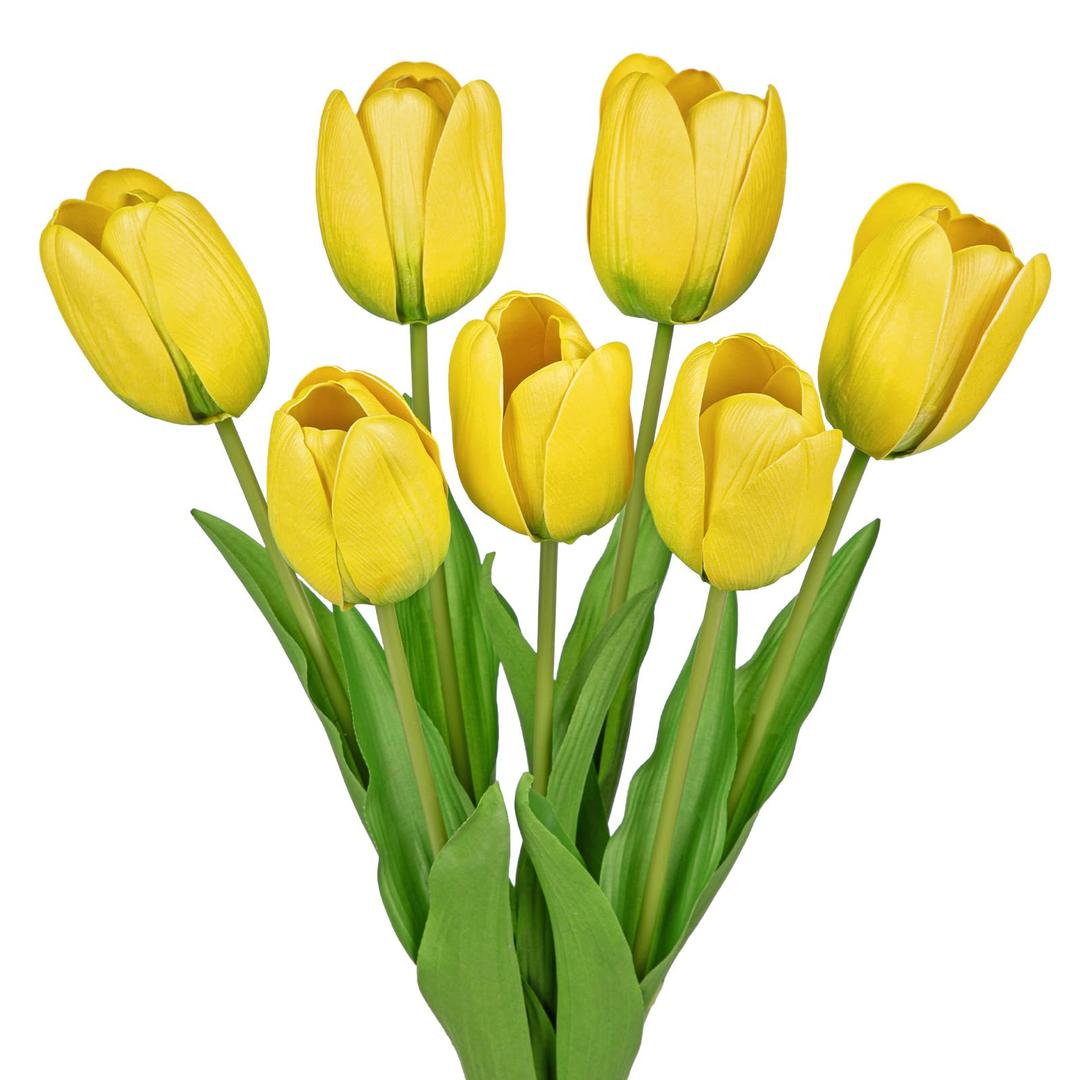 Artificial Tulips Flowers – 24" Long Stem Faux Tulips, 7PCS Real Touch Fake Yellow Tulip for Vase, Farmhouse, Kitchen, Spring & Wedding Home Decor