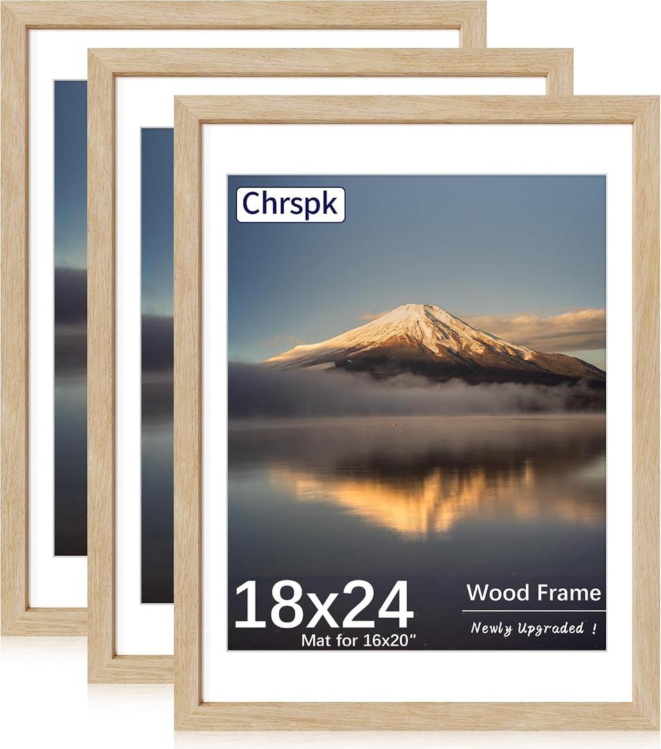 18X24 Poster Frame, Display Pictures 16X20 with Mat or 18X24 without, Wall Hanging Frames, Natural Oak, 3 Pack
