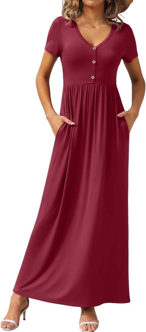 GRECERELLE Womens Summer Long Maxi Dresses 2026 Short Sleeve V Neck Casual Button Dress with Pockets (Large, Wine Red)