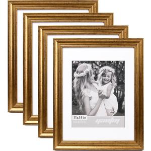 Yaetm 11x14 Gold Picture Frame with Mat for 8x10 Set of 4, 1.4" Wide Molding & Rustic Gold Frame 11 x 14 with Tempered Glass for Wall Gallery, Home and Office, Wall Mount, 4 Pack