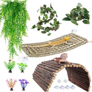 Bearded Dragon Tank Accessories, Reptile Mat Hammock Plants Bridge Jungle Climber Vines Terrarium Decorations for Hermit Crab Lizard Snake (9 PCS Without Reptile Mat)