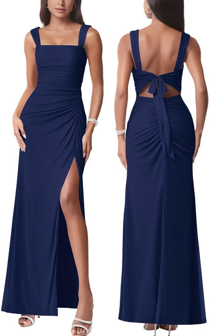 Women Sexy Mesh Tie Low Back Sleeveless Split Ruched Maxi Dress Party Cocktail Long Dress Wedding Guest Dresses (Small, Navy Blue)