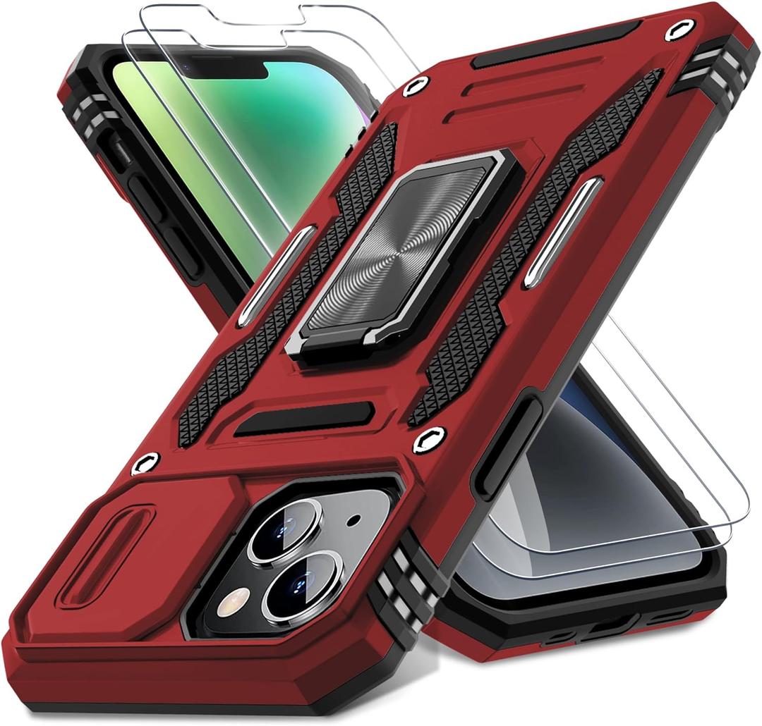 DEERLAMN Case for iPhone 13/iPhone 14 6.1-Inch with Slide Camera Cover+Screen Protector(2 Packs),Rotated Ring Kickstand Military Grade Shockproof Protective Cover-Red