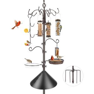 Bird Feeding Station Kit with Squirrel Baffle Bird Feeder Pole with Suet Cage Mesh Tray Fruit Hook Double W Hook for Attracting Wild Birds and Hanging Planter Hanger Lights