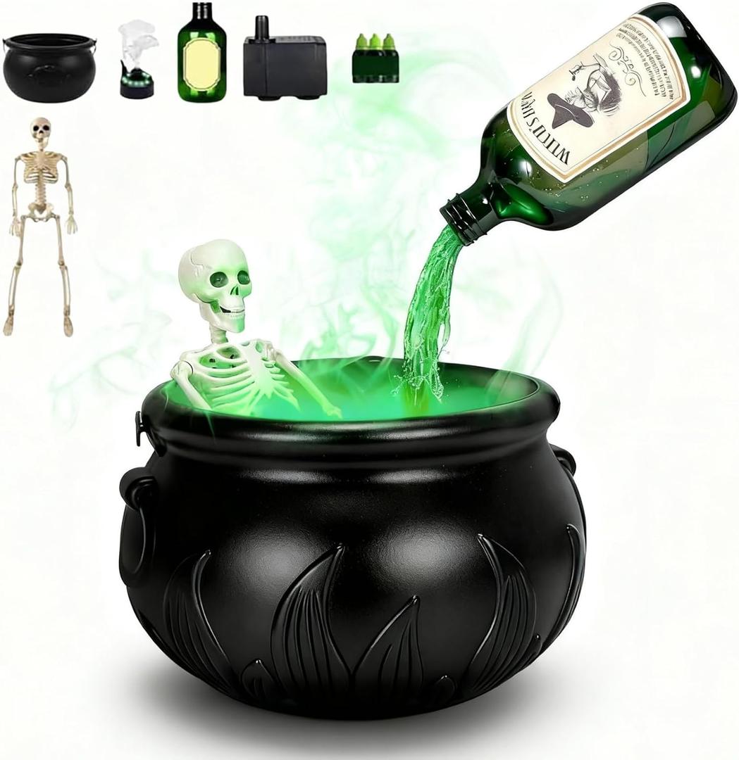 Halloween Decorations Indoor - Cauldron Halloween Decor with Magic Floating Potion Bottles and Diffuser, Black Plastic Witches Bowl Party Decoration for Spooky Vintage Home Kitchen Table