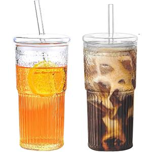 2PCS Glass Cups with Lids and Glass Straws, 20OZ Iced Coffee Cups, Home Essential and Coffee Bar Accessories Borosilicate Glass Tumblers with Lid and Straw for Beer, Cocktail, Tea and Latte, Clear