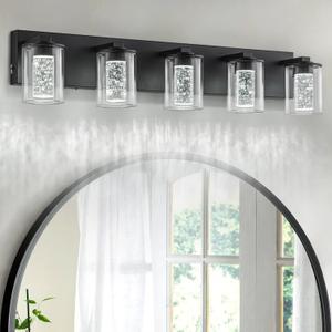 SineRise Black Vanity Light (5-Light, 32-Inch), (3000K/4000K/6000K, Dimmable), Eye Protection LED Bathroom Light Fixture, Modern Wall Light Over Mirror with Clear Glass Shade