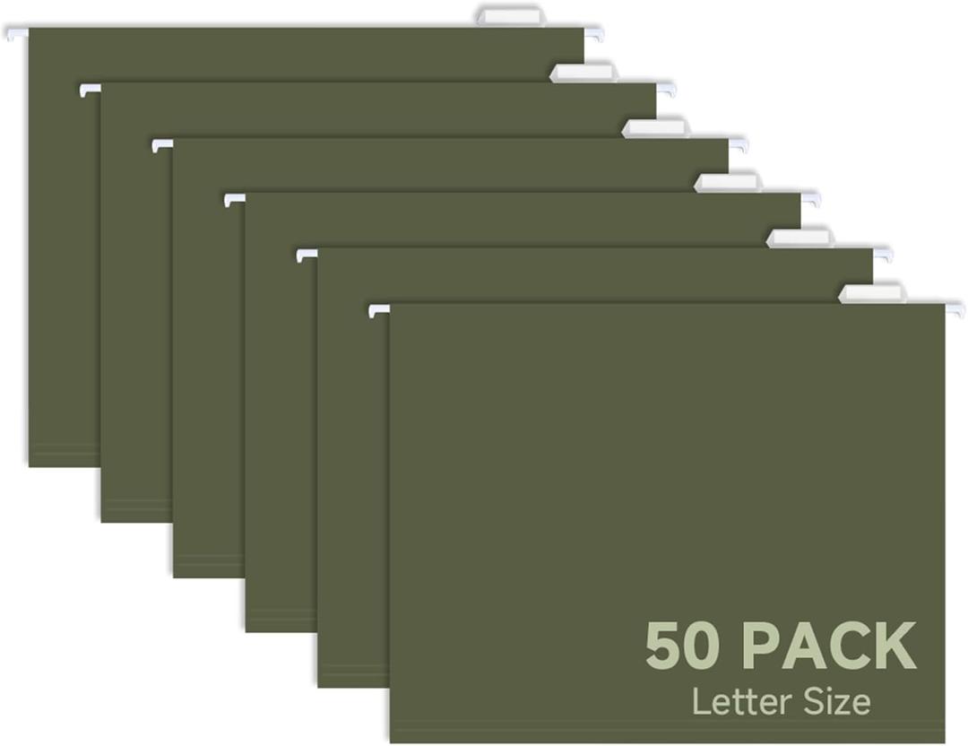 50pcs Green Hanging File Folders,Filing Cabinet, Letter Size with 1/5-Cut Adjustable Tab Durable, 50 pcs Per Box
