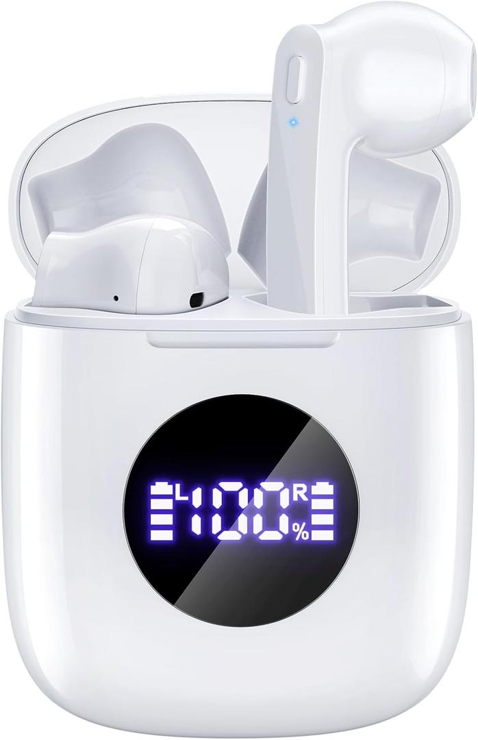Bluetooth Headphones V5.3 Wireless Earbuds 50 Hrs Battery Life with Wireless Charging Case & LED Power Display Deep Bass IPX7 Waterproof Earphones Microphone Stereo Headset for iPhone & Android, White