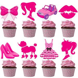 48pcs Hot Pink Girl Cupcake Topperss Pink Birthday Party Decorations for GIrls Princess Theme Girl Party Cupcake Topper Decorations for Girls Bachelorette Party Bridal Shower Supplies