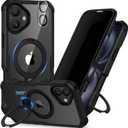 CENHUFO Privacy for iPhone 16 Case [Compatible with Magsafe] Full Body Phone Case Built-in 9H Tempered Glass Privacy Screen Protector and 360 Spin Magnetic Stand Ring, Camera Lens Cover - Black