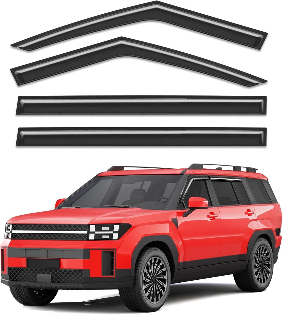 Outside-Mount Window Rain Guards Fit for 2024 2025 2026 Hyundai Santa Fe, Extra Durable Window Visors Wind Deflector Dark Smoke Vent Shades Car Tape-on 4-pcs with Thicker