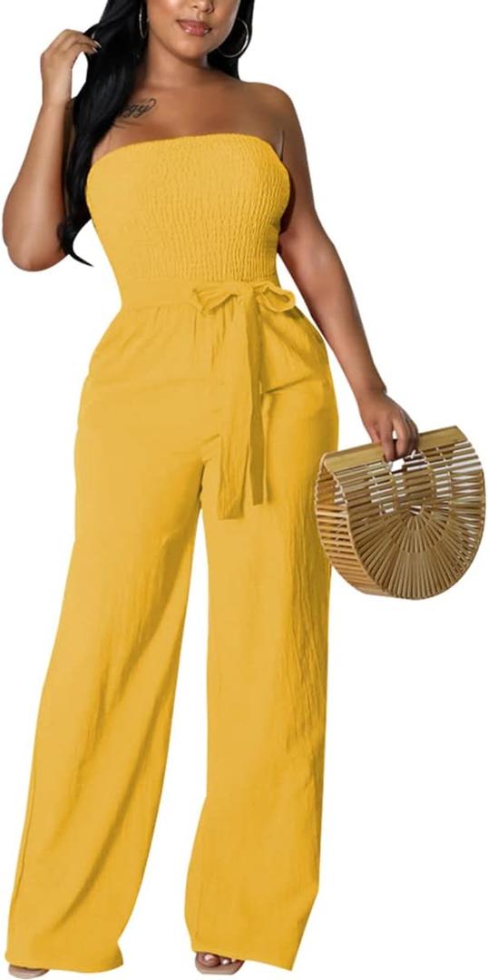 FairyLove Women's Strapless Tube Top Rompers Casual Off Shoulder Printed Sleeveless Belted Wide Leg Jumpsuit with Pockets (XX-Large)