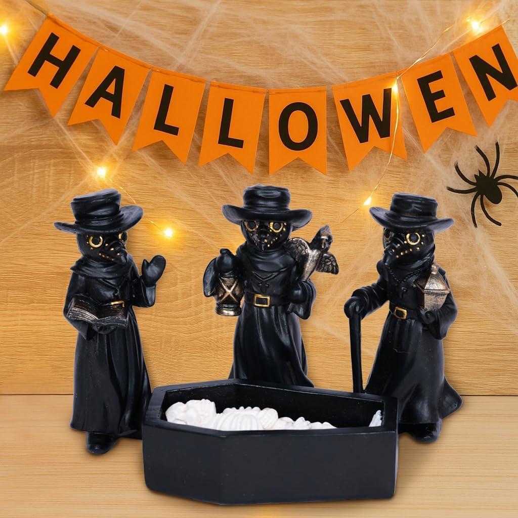 4Pcs Halloween Plague Doctor Figurine with Light-Up Skeleton in Coffin  Mini Gothic Resin Halloween Decorations for Tabletop, Mantel, Indoor Display Gifts for Indoor Home Decor