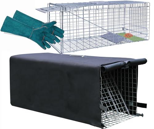 Live Animal Trap Cage with Cover & Gloves, Cat Trap for Stray Cats 32 Inch Heavy Duty Folding Skunk Traps with Real Door for Raccoons, Opossums, Skunks, Feral Cats, Squirrels-(32 x 10 x 12 inches)
