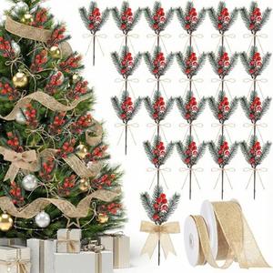 Suncalla 22 Pcs Christmas Artificial Floral Picks 8 Inch Red Berry Pine Cones Picks with Burlap Ribbon Rolls Fake Holly Branches for Wreaths Xmas Tree Arrangement Holiday DIY Gift Craft (Snow Frosted)