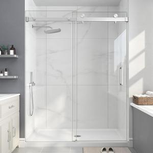 Frameless Shower Door, 49-54" W x 76" H Sliding Glass Shower Door, 1/4''(6mm SGCC Tempered Glass with Explosion-Proof Film Nano Coating in Brushed Nickel Finish