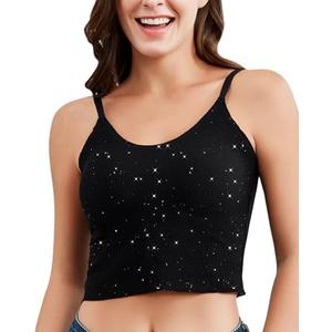 Falorda Camisole Tops Double-Layered Crop Top Slim Camisoles Adjustable Strap Tank Top with Built in Bra for Women, Medium 