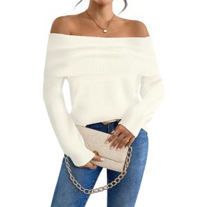 SunnyMelody Womens Off The Shoulder Sexy Sweater Fall 2025 Trendy Ladies Dressy Chunky Ribbed Knit Slim Fit Pullover Tops (Large, White)