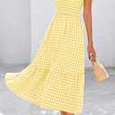 PRETTYGARDEN Womens Summer Dress Casual Square Neck Ruffle Strap Gingham Smocked Midi Flowy A Line Beach Vacation Sun Dresses (Yellow, XXL)