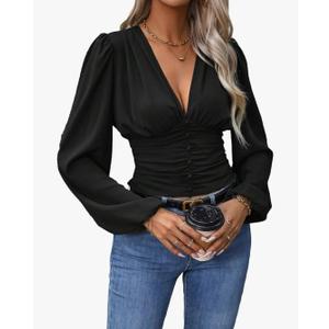 GORGLITTER Women's Ruched Deep V Neck Button Front Smock Lantern Sleeve Crop Top Blouses L