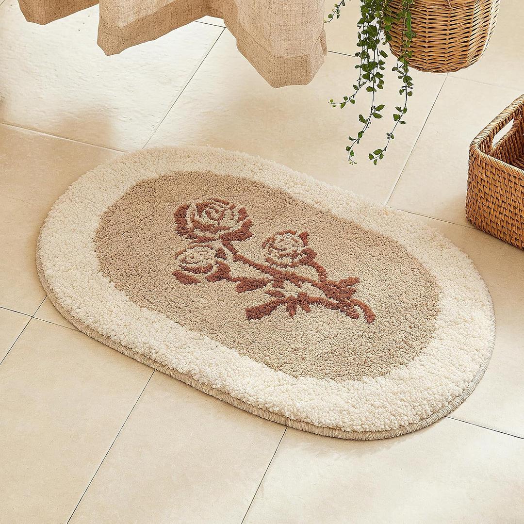 SiliPacks Floral Oval Bath Mat, Soft Absorbent Bathroom Rug, Non-Slip Washable Floor Bath Rug for Bathroom Bedroom Kitchen, Brown 20" x32"