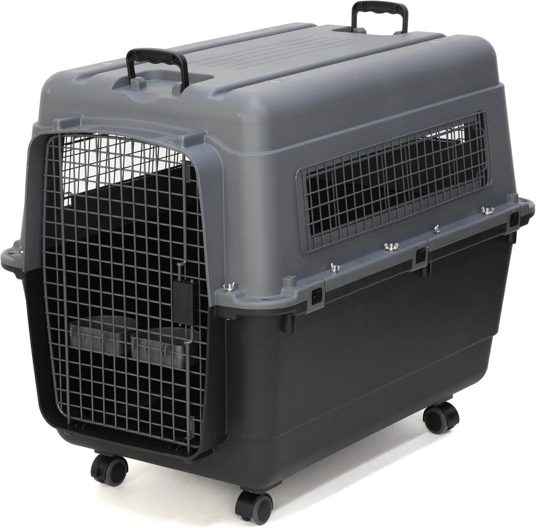 SportPet Airline Approved Wire Door Travel Dog Crate, Durable Plastic Pet Travel Kennel with Removable Wheels,Collapsible, Food Bowls & Accessories,Fits Dogs up to 32" L & 24" H - X-Large -Gray/Black