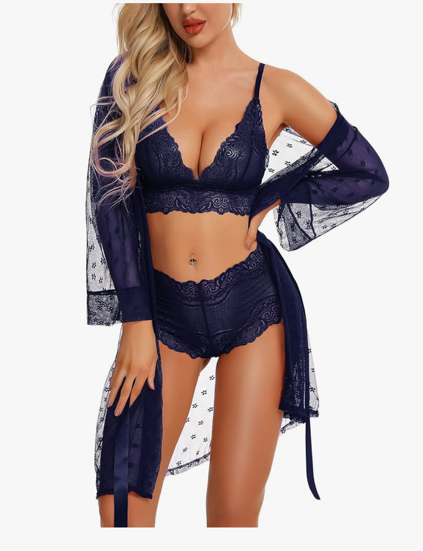 RSLOVE Women Sexy Lingerie Set 3 Piece Lace Kimono Robe with Bra and Panty Sheer Sleepwear, size -L