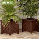 Lattice Design Outdoor Planter Box 2-Pack - 14.75 Square 13 Tall Brown Decorative Plant Pots for Front Porch Decor - Flower Pots Outdoor Planters for Porch Patio or Garden Decor by Pure Garden, Pack of 2