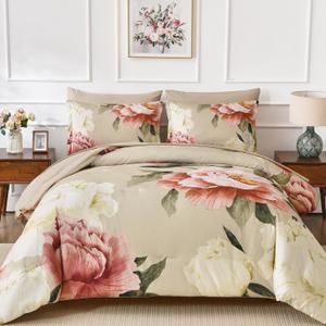 Dobuyly King Size Comforter Set 7 Piece Bed in a Bag, Pink Floral Printed on Khaki Comforter Set with Sheets, Soft Microfiber Botanical Farmhouse Bedding Set for All Season