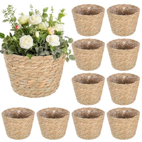10 PCS Seagrass Plant Baskets with Plastic Liners, Woven Planter Basket Set for Indoor and Outdoor Plants, Wicker Flower Pot Covers Plant Container sand Storage Baskets for Home and Farmhouse Decor