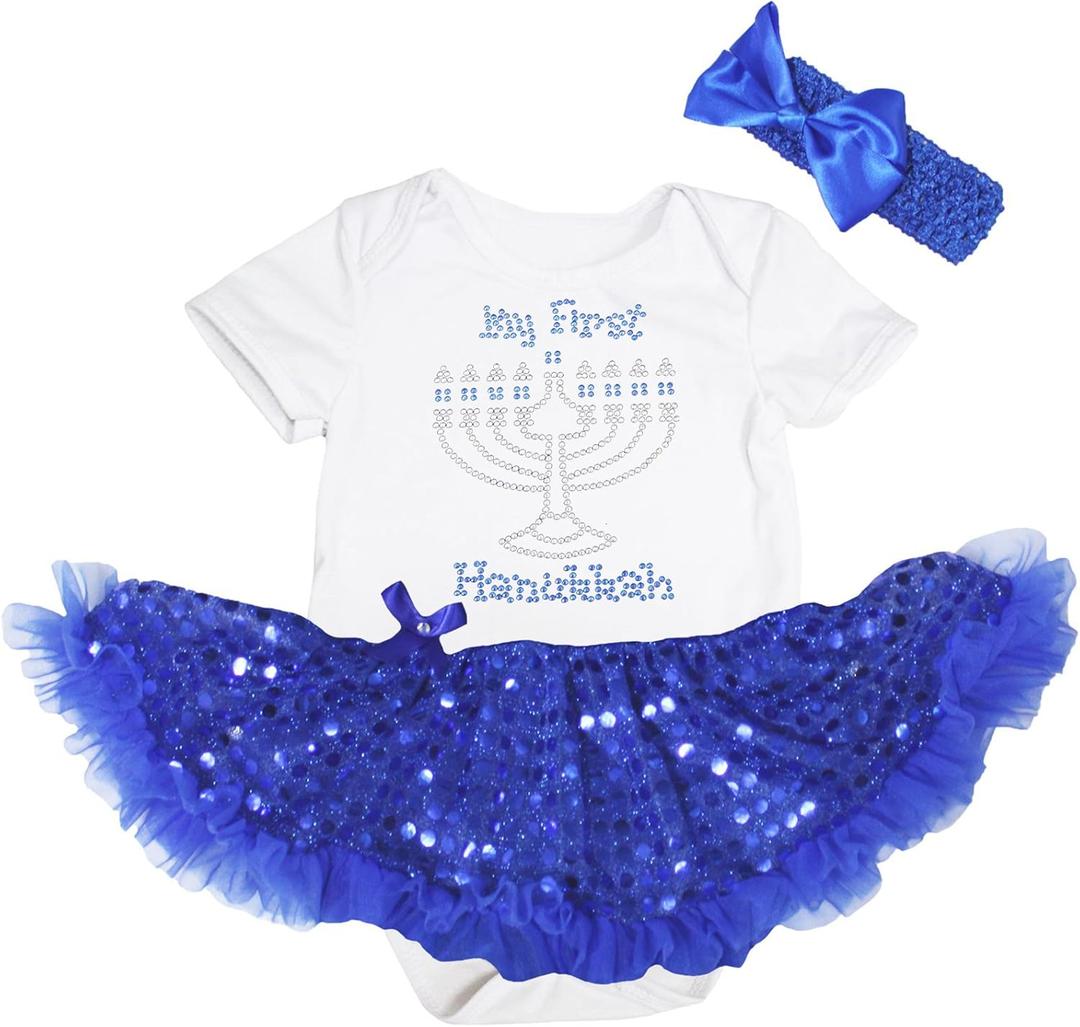 Petitebella Rhinestones My First Hanukkah Baby Dress Nb-18m (0-3 Months, White/Blue Sequins)