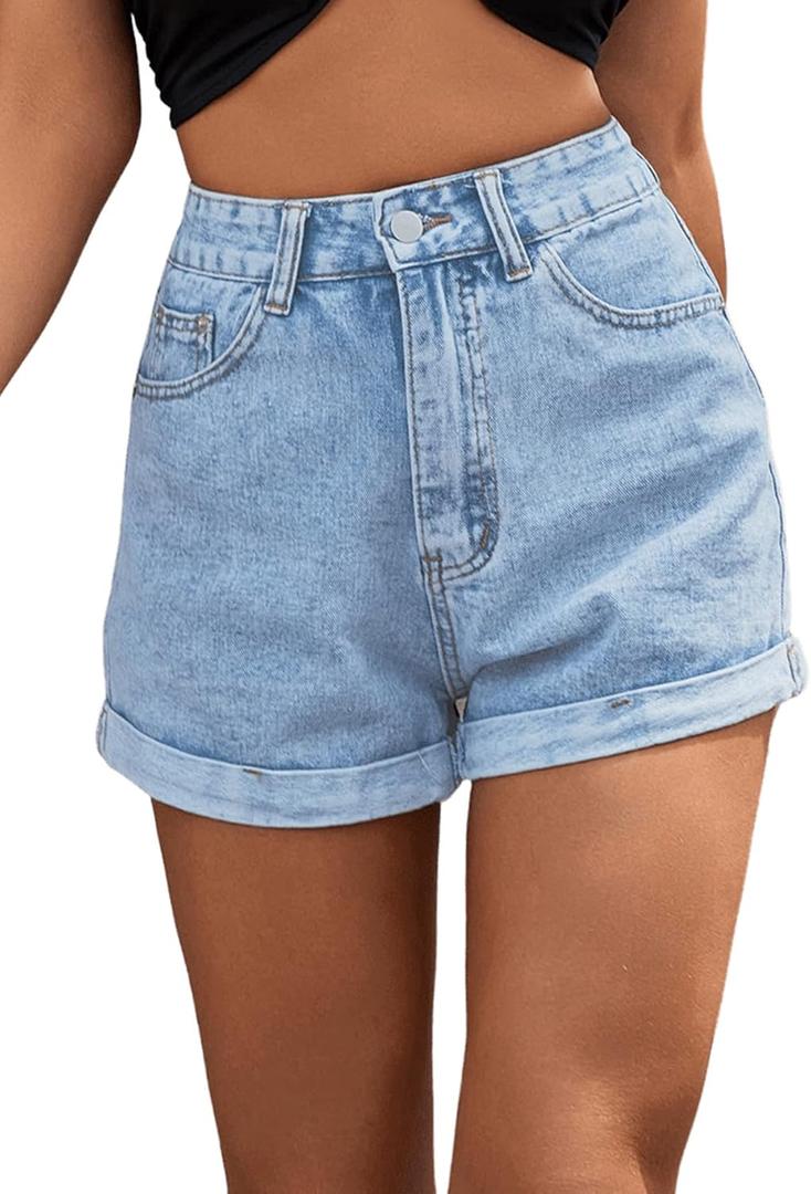 SweatyRocks Women's High Rise Roll Up Hem Straight Leg Denim Jean Shorts with Pocket (Light Blue) S