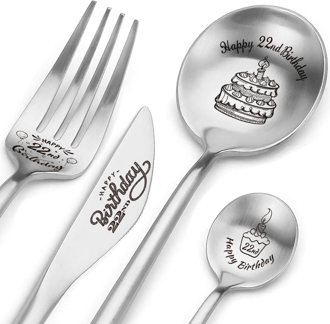 Happy 22nd Birthday Spoon&Fork Gifts Engraved Cutlery Set Personalized Birthday Gifts for Son Daughter Sister Brother Friends