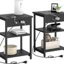 End Tables Set of 2 with Charging Station USB Ports, 3 Tier Tall Night Stand with Storage Shelves, Record Player Stand Narrow Side Table for Small Space Living Room Bedroom Office, Easy Assembly,Black