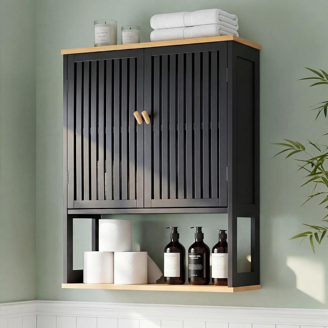 Bathroom Wall Cabinet with Bamboo Doors, 24 x 30 Inch, Black | Above-toilet medicine cabinet with an adjustable shelf, open bottom shelf, and French cleat mount.