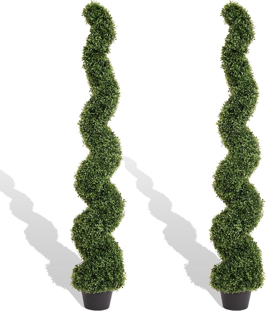 THE BLOOM TIMES 5ft Spiral Topiary Trees Artificial Outdoor Set of 2, Faux Boxwood Plants Outside - All-Year Green Fake Twisted Tree for Garden Front Porch Planter Decor 5 Foot