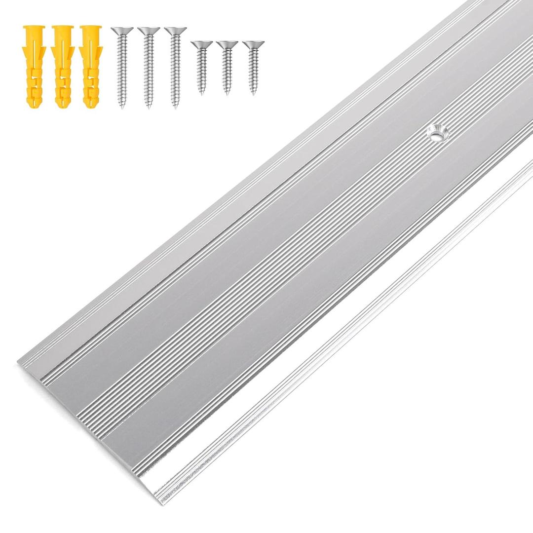 Aluminum Metal Door Threshold, Floor Transition Strip, 36'' L x 2.4'' W x 0.1'' H, Flat-Profile Threshold, Flooring Gaps Carpet Vinyl Wood, Stylish Doorway Transition Draft Protection (Silver)