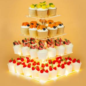 4 Tier Premium Cupcake Stand Cupcake Holder, Acrylic Cupcake Tower with LED Yellow Light for Cupcakes, Dessert Table Display Set for Birthday, Bar, Decor Weddings, Parties Events