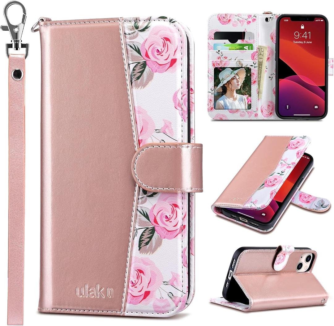 ULAK Compatible with iPhone 13 Wallet Case, Women PU Leather Shockproof Protective Folio Flip Cover with Card Holder Kickstand 6.1 inch, Pink Flower (Rose Gold)