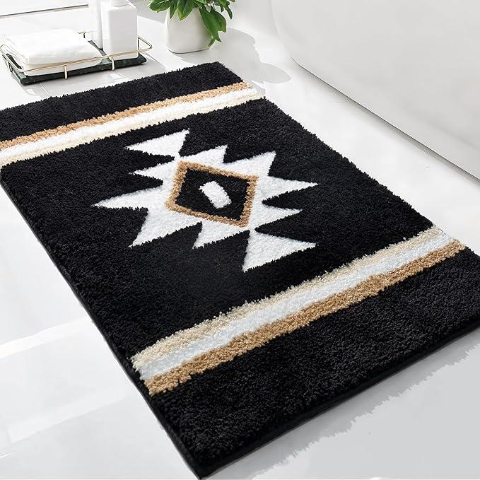 Boho Bathroom Rugs Black Bath Mat Non Slip Soft Absorbent Western Geometric Bath Rug Luxury Plush Floor Mat for Farmhouse Bathroom Shower Kitchen Modern Decor 24x36